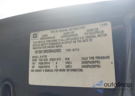 1999 Cadillac Escalade Standard из США, поврежденный, VIN 1GYEK13R0XR402682